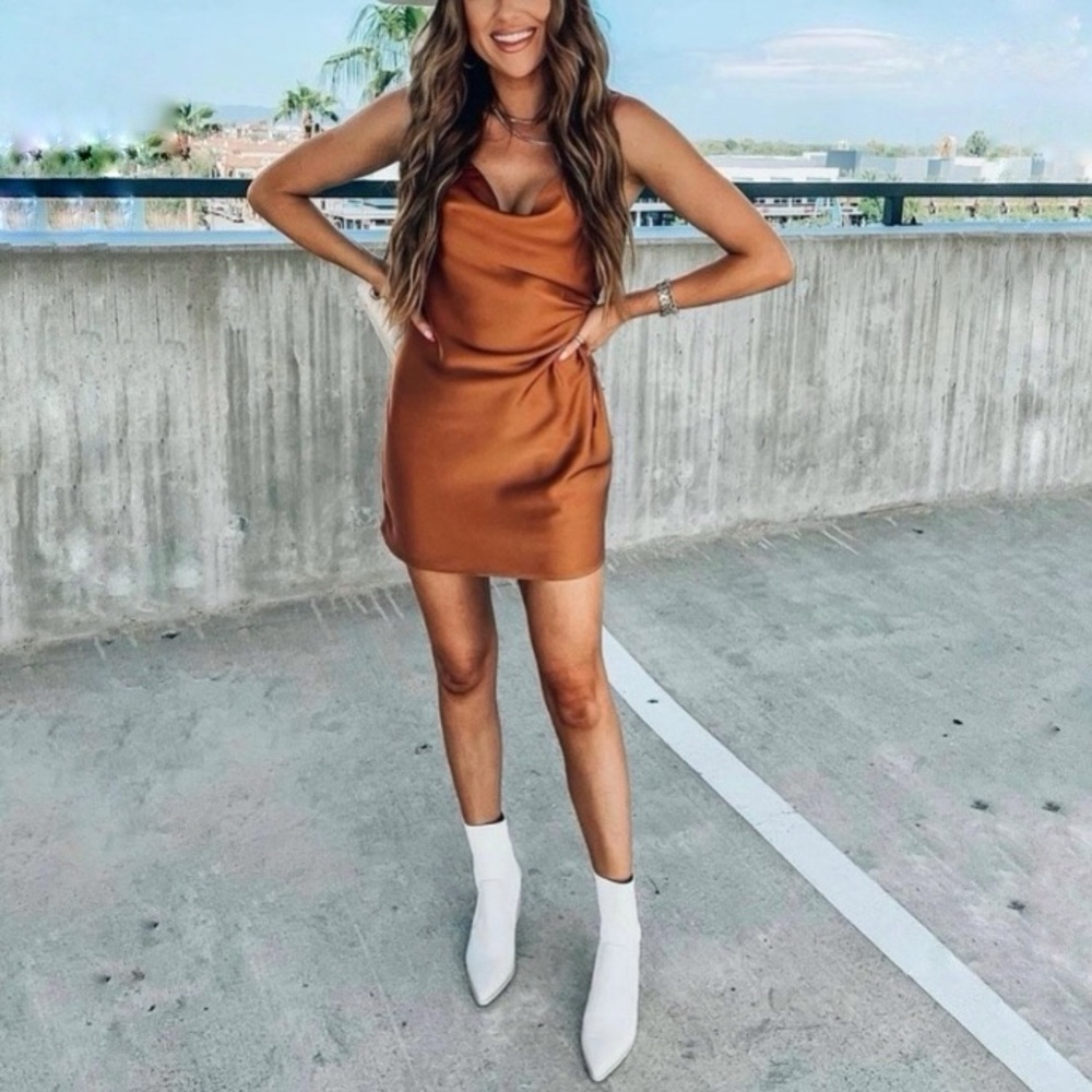 KITTENISH Copper Orange Dress Satin Cutout Tie Mini Medium